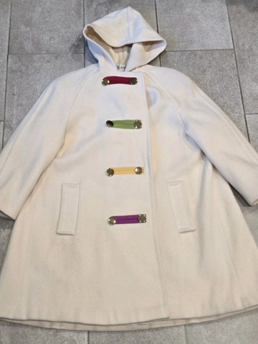 Vintage Bill Blass Signature Wool Toggle Swing Coat Hooded Ivory Colorblock XL?